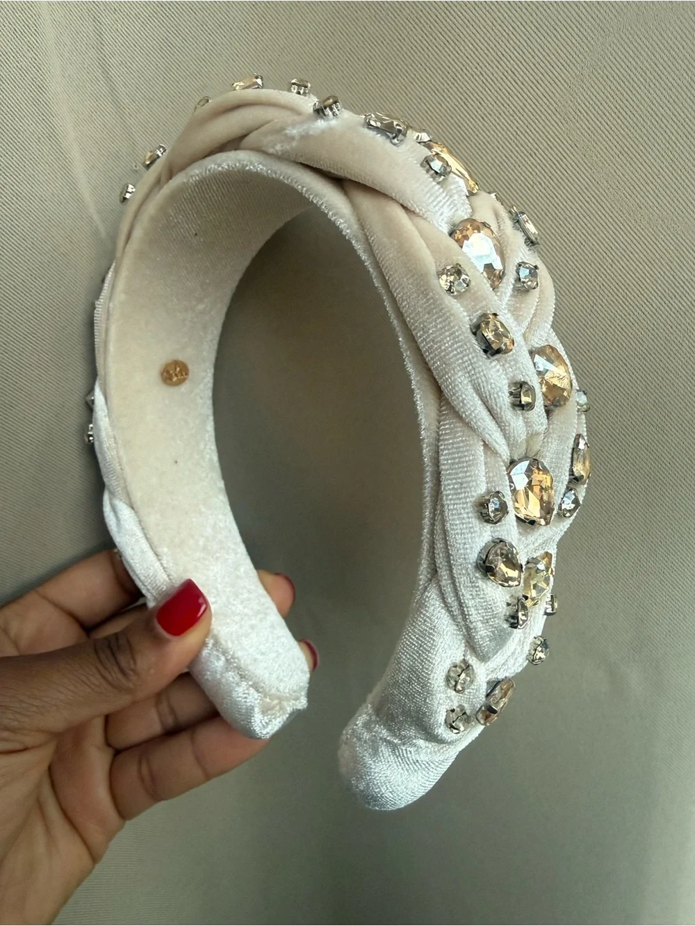 Embellished Ivory Velvet Padded Headband with Crystal Accents